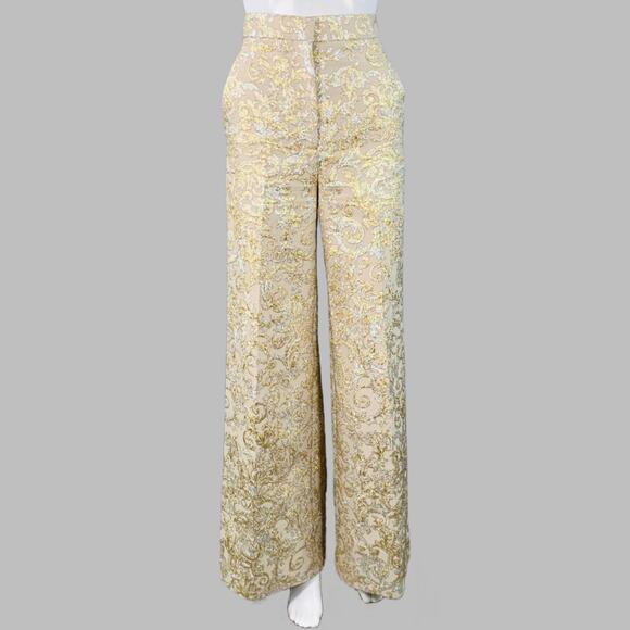 2 Metallic Gold Silver Polyamide Blend Jacquard Peak Lapel Pantsuit - Picture 5 of 16